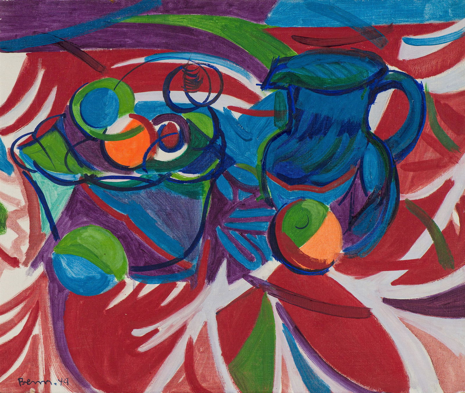 Ben Benn Still Life with Gay Table Cloth, 1949: Ben Benn (Russian, American, 1884-1983) Still Life with Gay Table Cloth, 1949 Oil on canvas 20 x 24 (in) 29 x 33 x 2 (in) Framed Signed and dated Benn 49, lower left Titled, signed and dated, verso.