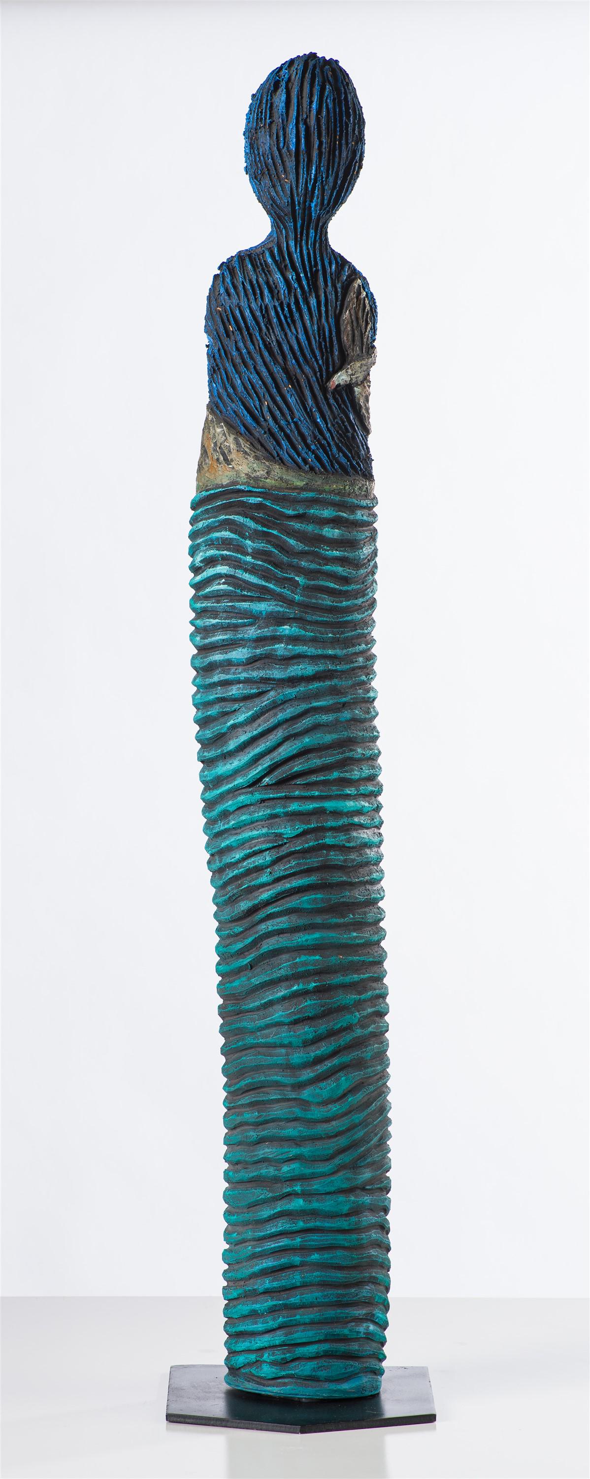 Christine Federighi Figure: Christine Federighi (American, 1949-2006) Figure Stoneware with incised acrylic painting on steel base 42 x 8.25 x 9.25 (in) Unsigned Number written in pencil in another hand, lower right.