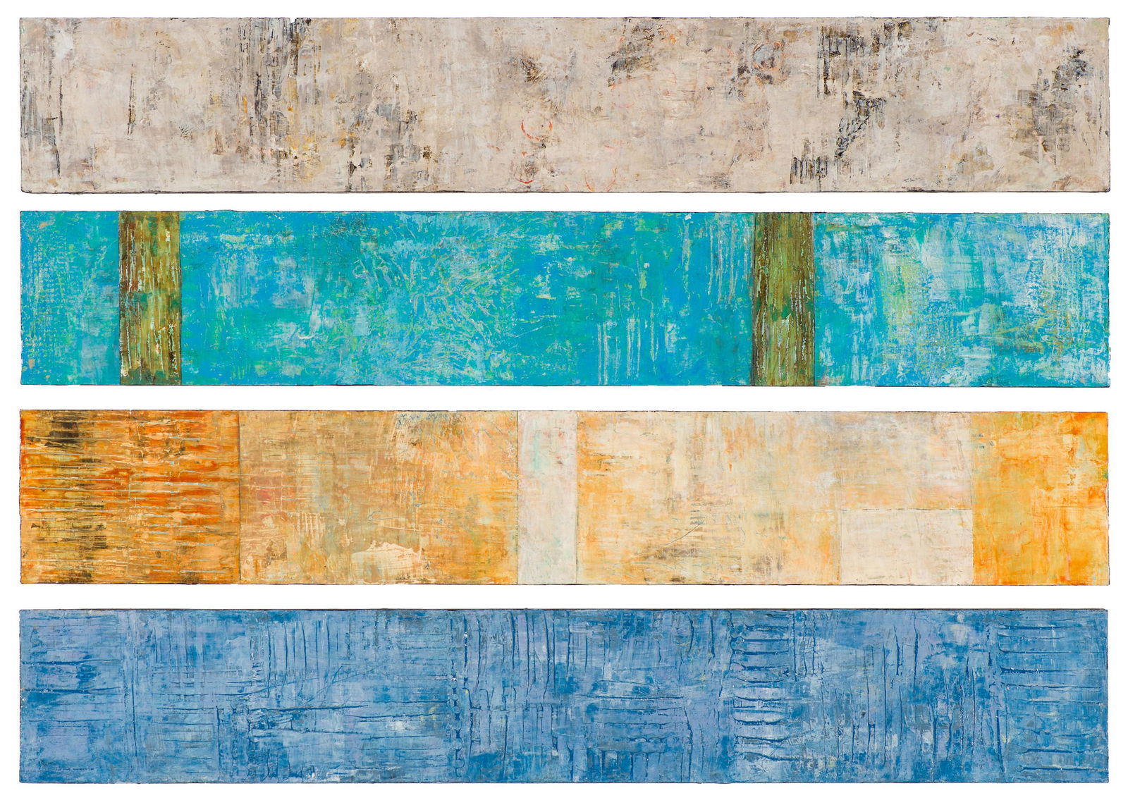 Hilario Gutierrez Quiet Fields (quadriptych): Hilario Gutierrez (American, b. 1950) Quiet Fields (quadriptych) Acrylic on canvas mounted on board 35 x 55 (in) Signed Hilario Gutierrez, verso of each panel Titled, verso of each panel.