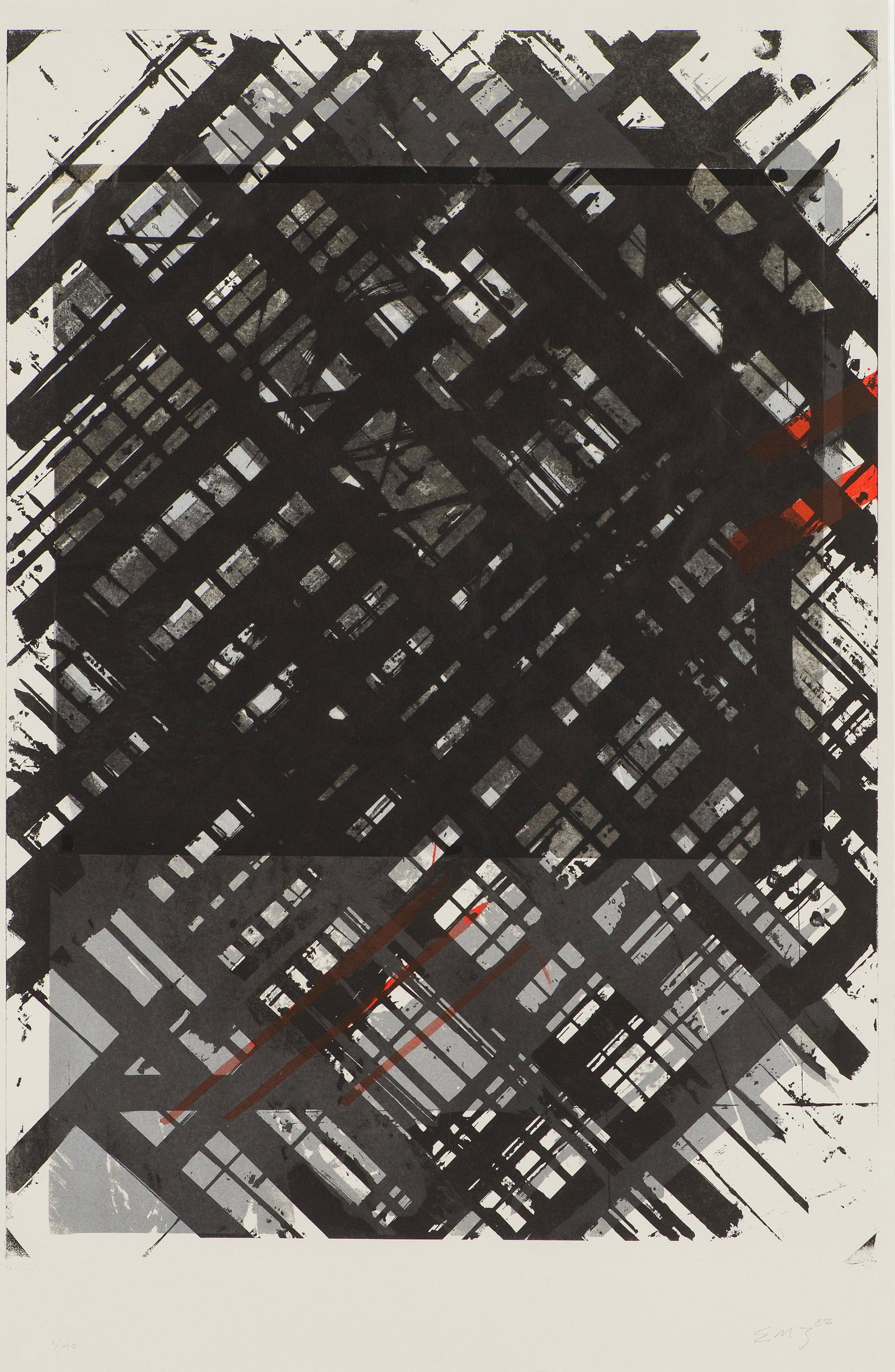 Ed Moses Black Crosshatch with Red, 1982: Ed Moses (American, 1926-2018) Black Crosshatch with Red, 1982 Lithograph and collage on grey paper ed. 1 of 40 40.25 x 26.25 (in) 52.5 x 38.5 x 1.25 (in) Framed Initialed and dated in pencil EMZ 82,