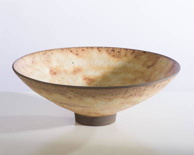 James Lovera Beige Lava Bowl, 2003: James Lovera (American, 1920-2015) Beige Lava Bowl, 2003 Porcelain with lava glaze 4.75 x 14 x 14 (in) Signed and dated Lovera '03, bottom "III" written, bottom.