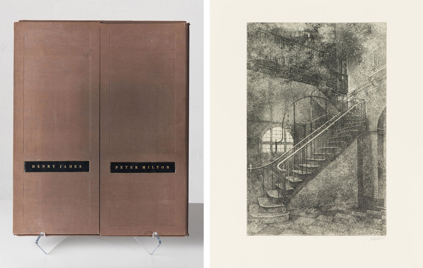 Peter Milton The Jolly Corner Portfolio, 1971: Peter Milton (American, b. 1930) The Jolly Corner Portfolio, 1971 (21) Etchings on Rives Buff paper in brown linen portfolio ed. 119 of 150 19 x 15 (in) Signed in pencil P W Milton, middle of the colo