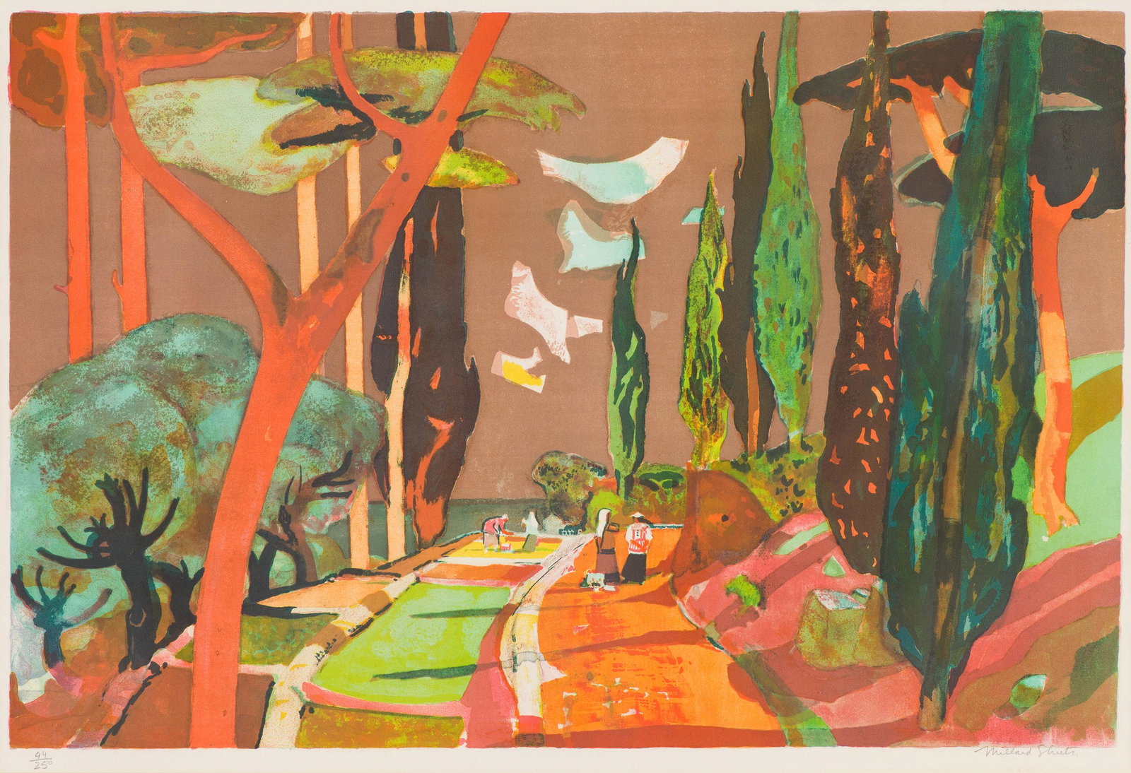 Millard Sheets Field, 1977: Millard Sheets (American, 1907-2008) Field, 1977 Lithograph on paper ed. 44 of 250 22 x 32 (in) 30.5 x 40.25 x 1.25 (in) Framed Signed in pencil Millard Sheets, lower right