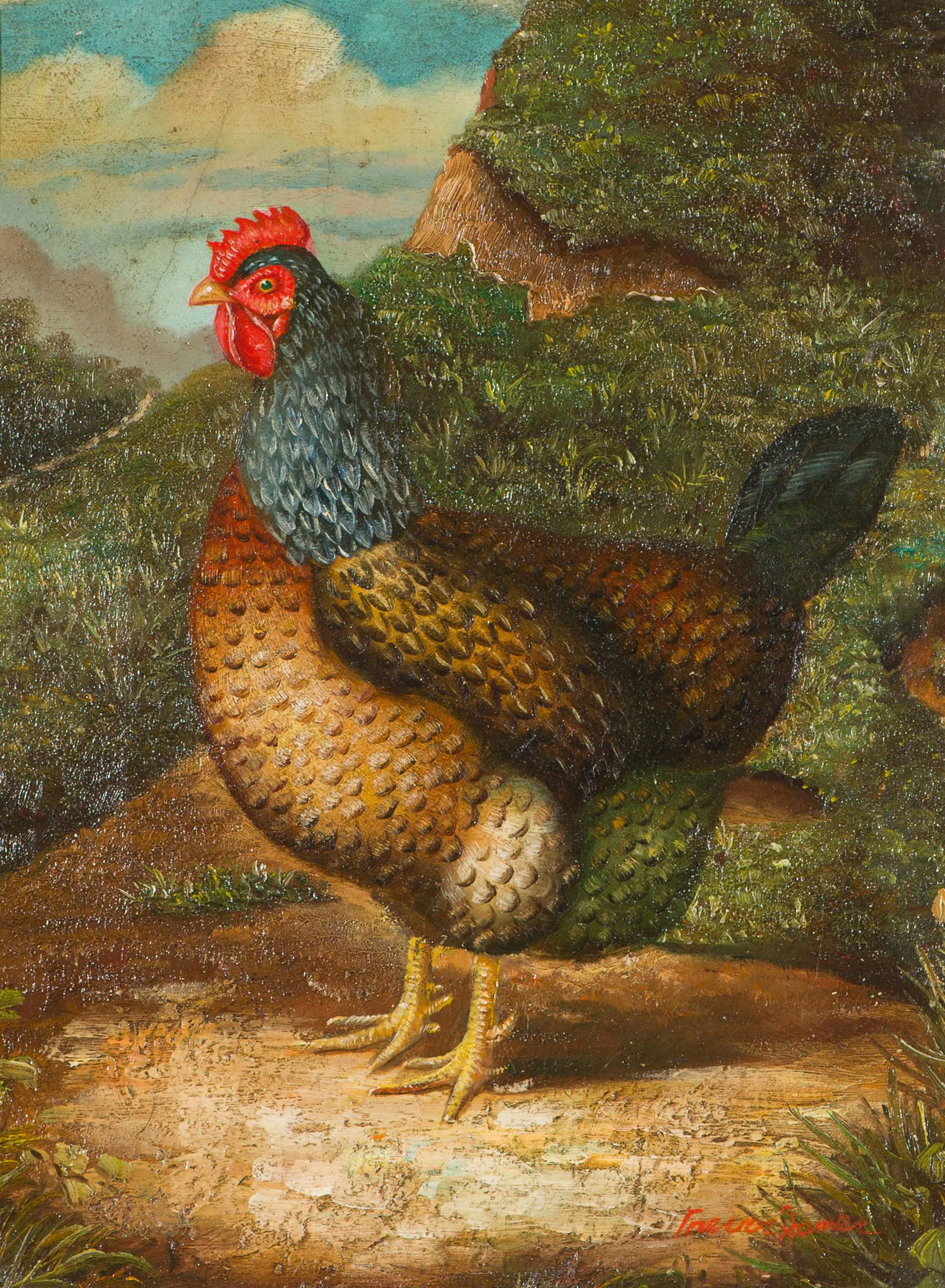 Trevor Swanson Rooster: Trevor Swanson (American, b. 1968) Rooster Oil on canvas 10 x 8 (in) 16.5 x 14.5 x 1.5 (in) Framed Signed Trevor James, lower right