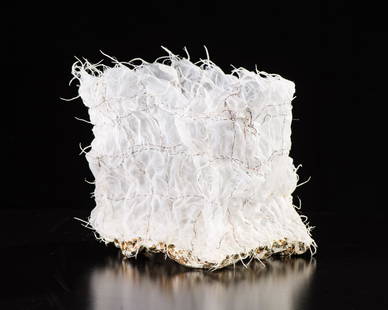 Kiyomi Iwata Silver Fungus Box, 20th c.: Kiyomi Iwata (Japanese, American, b. 1941) Silver Fungus Box, 20th c. Stiffened silk organza with metal thread and gold leaf in clear display box 7 x 8.5 x 6.5 (in) Unsigned Dimensions reflect the