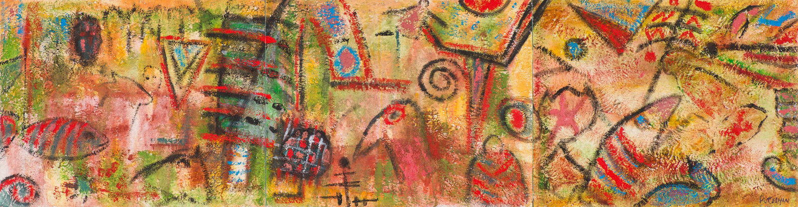 Florence Putterman Numinous Legend (triptych), 1999: Florence Putterman (American, 1927-2021) Numinous Legend (triptych), 1999 Acrylic and sand on wood 22 x 84.25 (in) Signed Putterman, lower right Titled and signed with artist's number #101497, verso o