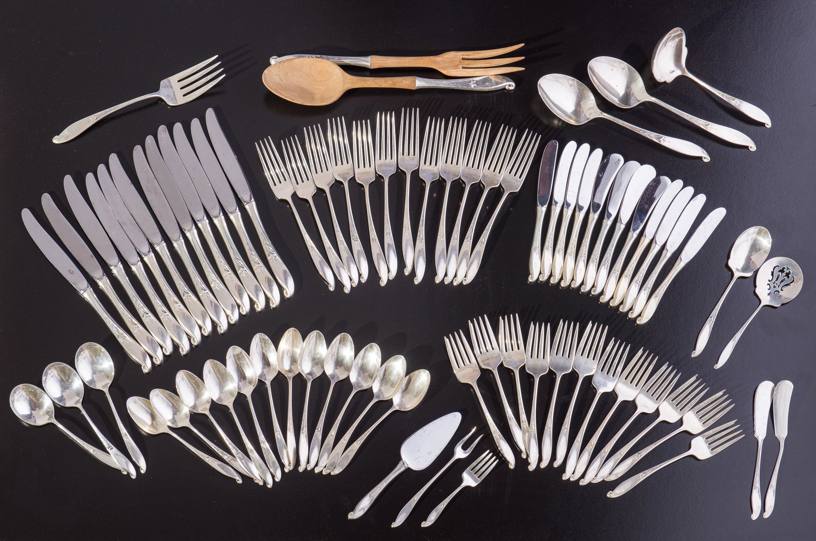 Wallace Silversmiths 73-Piece Wishing Star Silver...: Wallace Silversmiths (American, founded 1879) 73-Piece Wishing Star Silverware Set, 1954 Sterling silver 3 x 14.5 x 10.75 (in) size of case Stamped Wallace Sterling, each element Lot includes a 12-per