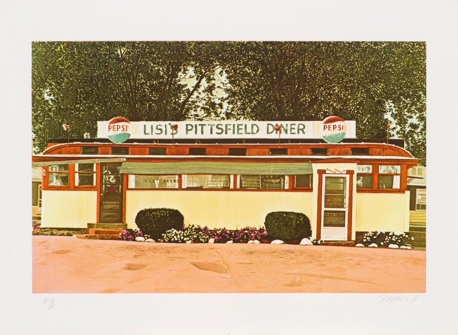John Baeder Lisi's Pittsfield Diner, 1980: John Baeder (American, b. 1938) Lisi's Pittsfield Diner, 1980 Screenprint on Somerset paper AP 16 of 30 from an ed. of 250 21.75 x 30 (in) Signed and dated in pencil Baeder 80, lower right Printer's b