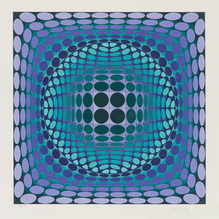 Victor Vasarely Uran-Vega, 1985: Victor Vasarely (Hungarian, French, 1906-1997) Uran-Vega, 1985 Serigraph on Arches paper ed. 42 of 250 23 x 23 (in) 35 x 32.5 x 1.75 (in) Framed Signed in pencil Vasarely, lower right Signed,