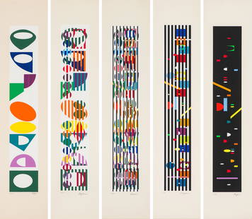 Yaacov Agam (5) Time Change, 1971: Yaacov Agam (Israeli, b. 1928) (5) Time Change, 1971 Screenprints on paper ed. 157 of 180 25.5 x 6.25 (in) 26.25 x 7 x 1.25 (in) Framed Signed in pencil Agam, lower right of each work Lot includes