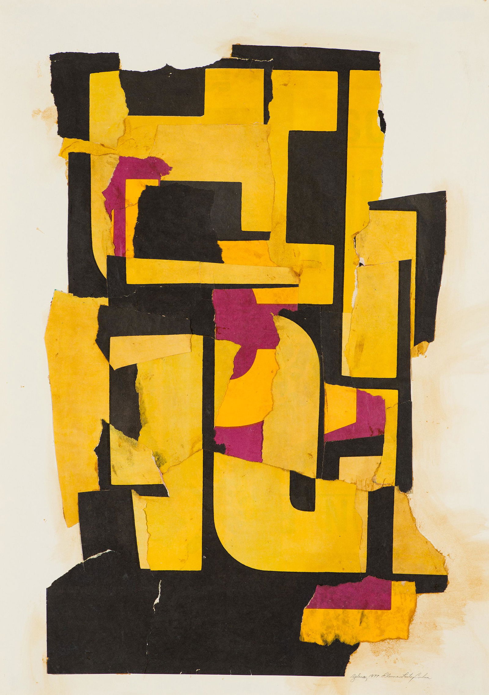 Elaine Lustig Cohen Zebra, 1977: Elaine Lustig Cohen (American, 1927-2016) Zebra, 1977 Collage on paper 28.5 x 20 (in) Signed in pencil Elaine Lustig Cohen, lower right Titled and dated in pencil, lower right. Modernism tag, verso.