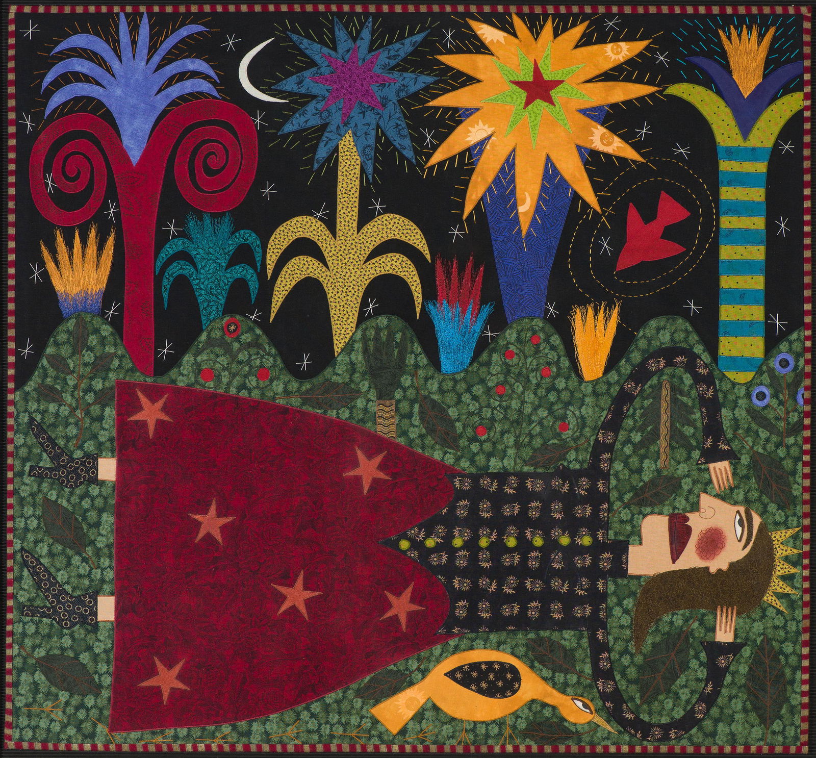 Chris Roberts-Antieau Fireworks, 2002: Chris Roberts-Antieau (American, b. 1950) Fireworks, 2002 Fabric appliqué and thread painting in artist's frame 27.75 x 29.75 (in) 33.75 x 35.5 x 1 (in) Framed Signed in pencil C. Antieau, lower