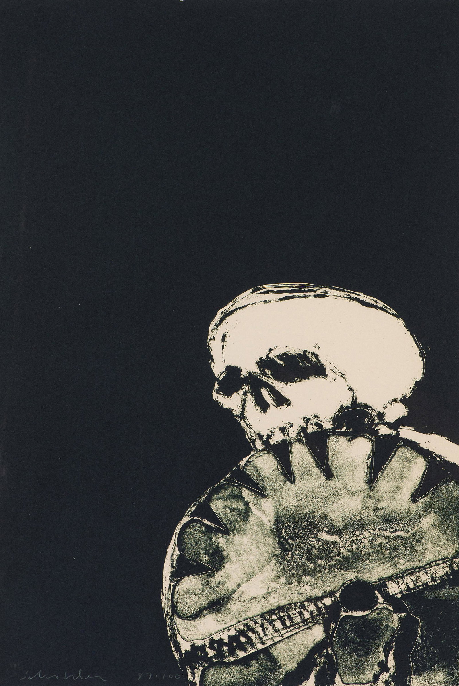 Fritz Scholder Anpao/Death (T: 76-660), 1976: Fritz Scholder (Native American, 1937-2005) Anpao/Death (T: 76-660), 1976 Lithograph on buff Arches Cover ed. 87 of 100 22.5 x 15 (in) 30 x 22.5 x 0.75 (in) Framed Signed in white pencil Scholder, low