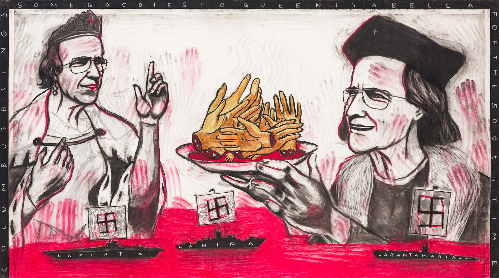 Enrique Chagoya Columbus Brings Some Goodies To Queen Isabella For The 500th Time, 1992: Enrique Chagoya (Mexican, American, b. 1953) Columbus Brings Some Goodies To Queen Isabella For The 500th Time, 1992 Charcoal on paper 60 x 108 (in) Signed and dated in pencil Enrique Chagoya '92, low