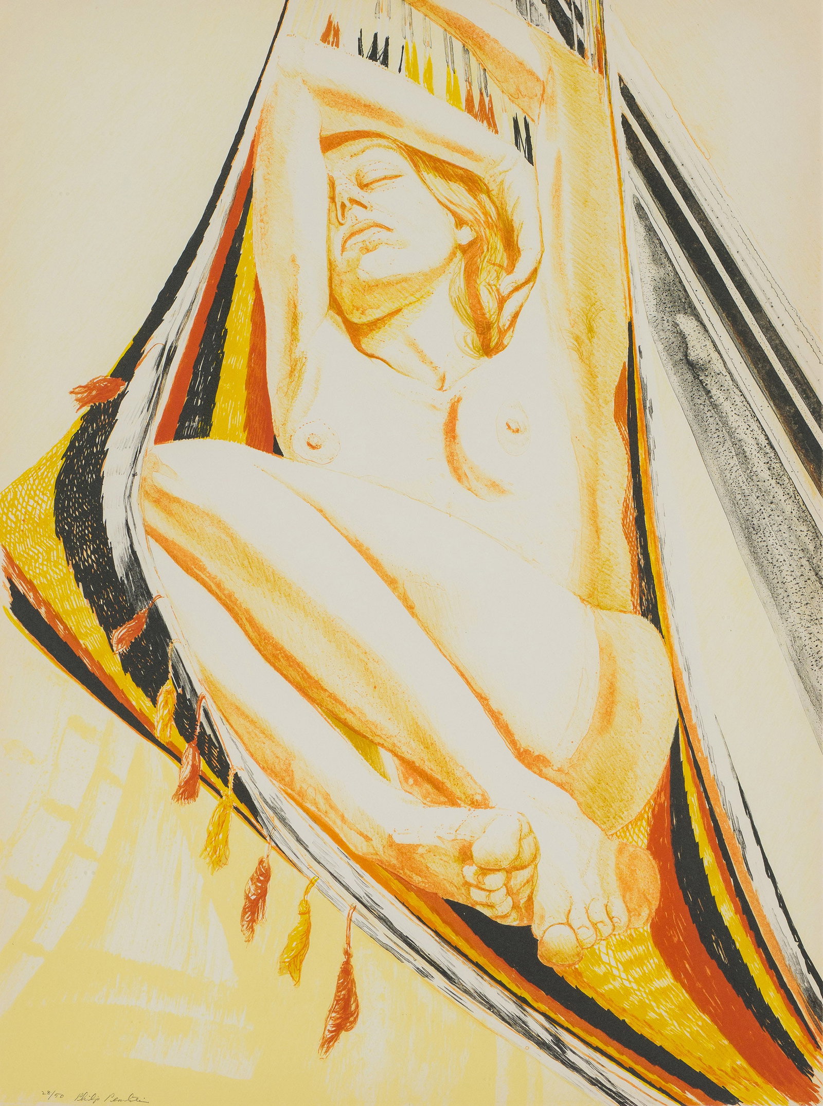 Philip Pearlstein Nude on Hammock, 1978: Philip Pearlstein (American, 1924-2022) Nude on Hammock, 1978 Lithograph on paper ed. 28 of 50 30 x 22.5 (in) 41.75 x 33.5 x 1.5 (in) Framed Signed in pencil Philip Pearlstein, lower left Printer's bl