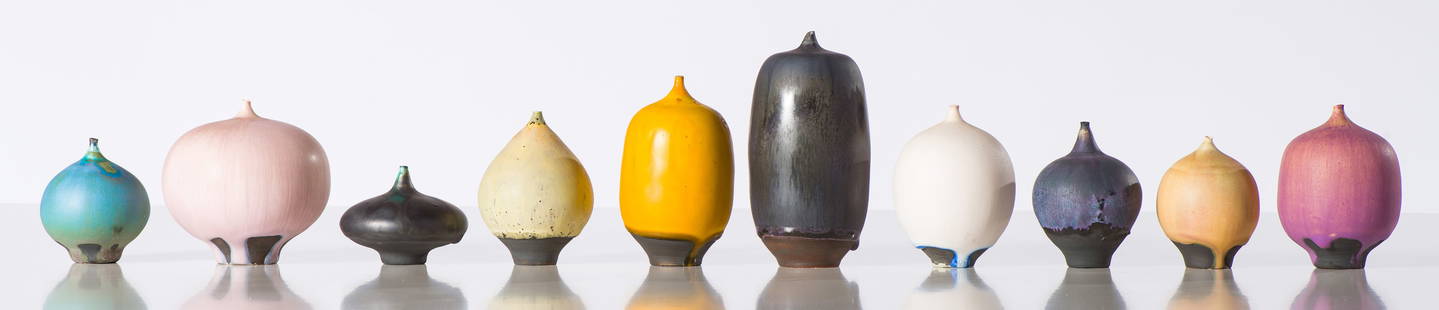 Rose Cabat (10) Feelie Vases: Rose Cabat (American, 1914-2015) (10) Feelie Vases Glazed stoneware 3.5 x 3.375 x 3.375 (in) Incised CABAT, bottom of each work Dimensions reflect the largest work, Large Pink Rounded Feelie. Smallest