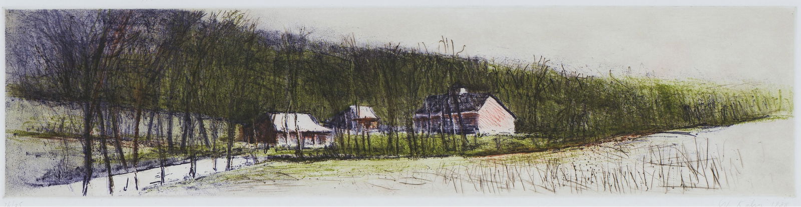 Wolf Kahn Farm on the Flood Plain, 1988: Wolf Kahn (German, American, 1927-2020) Farm on the Flood Plain, 1988 Etching, aquatint, and drypoint on Somerset paper ed. 26 of 35 6.25 x 24 (in) 14.5 x 32.75 x 1 (in) Framed Signed and dated in pen