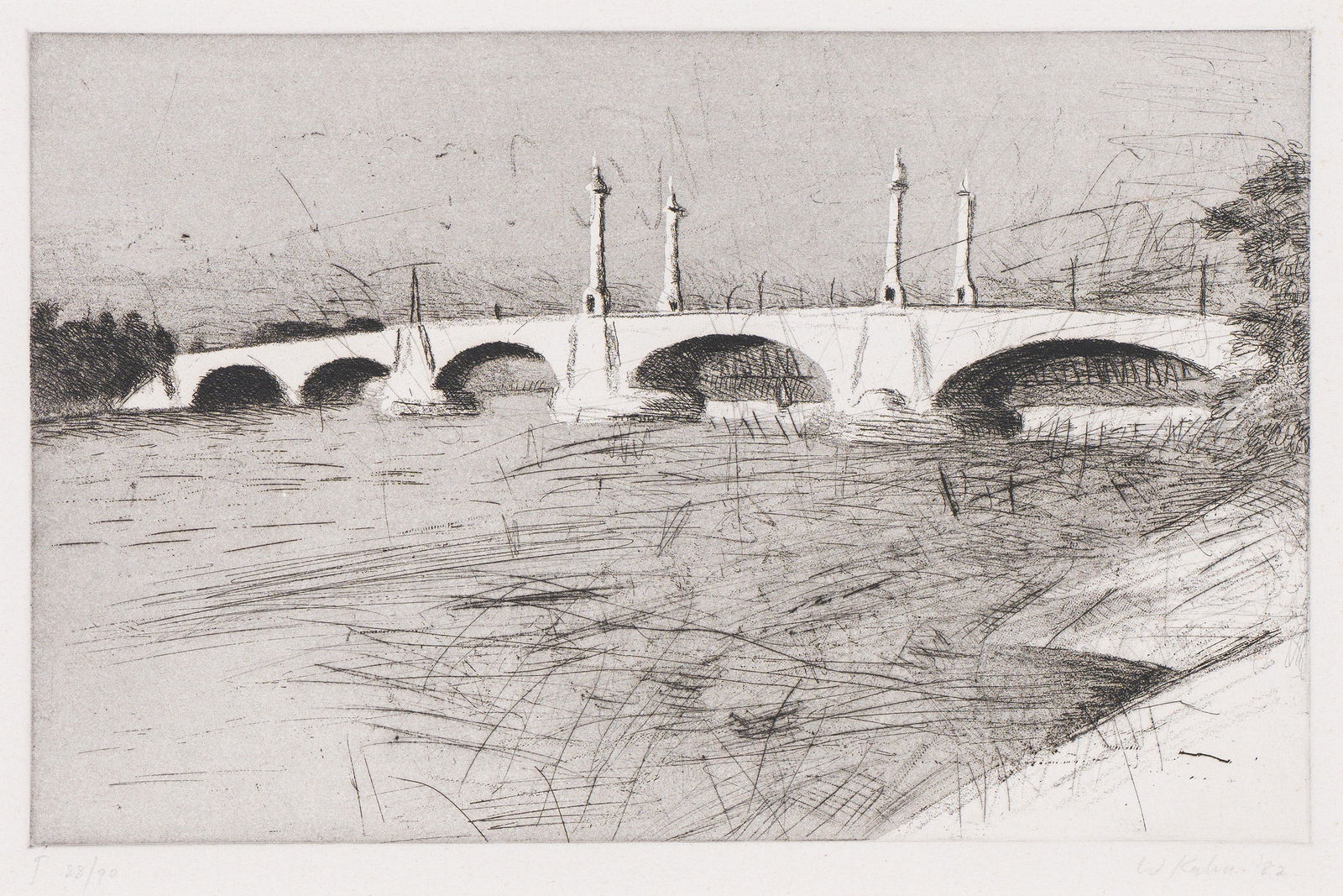 Wolf Kahn Memorial Bridge, Springfield, MA, 1982: Wolf Kahn (German, American, 1927-2020) Memorial Bridge, Springfield, MA, 1982 Etching and aquatint on white wove paper ed. 88 of 90 18 x 22 (in) Signed and dated in pencil W Kahn '82, lower right Pla