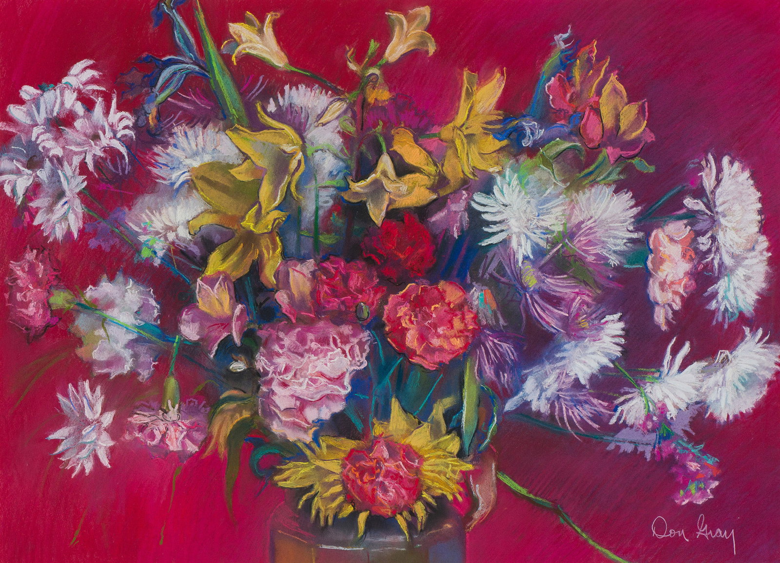 Don Gray Bouquet with Red Background: Don Gray (American, b. 1935) Bouquet with Red Background Pastel on paper 21 x 29 (in) 30 x 38 x 2 (in) Framed Signed Don Gray, lower right Titled and signed, verso.