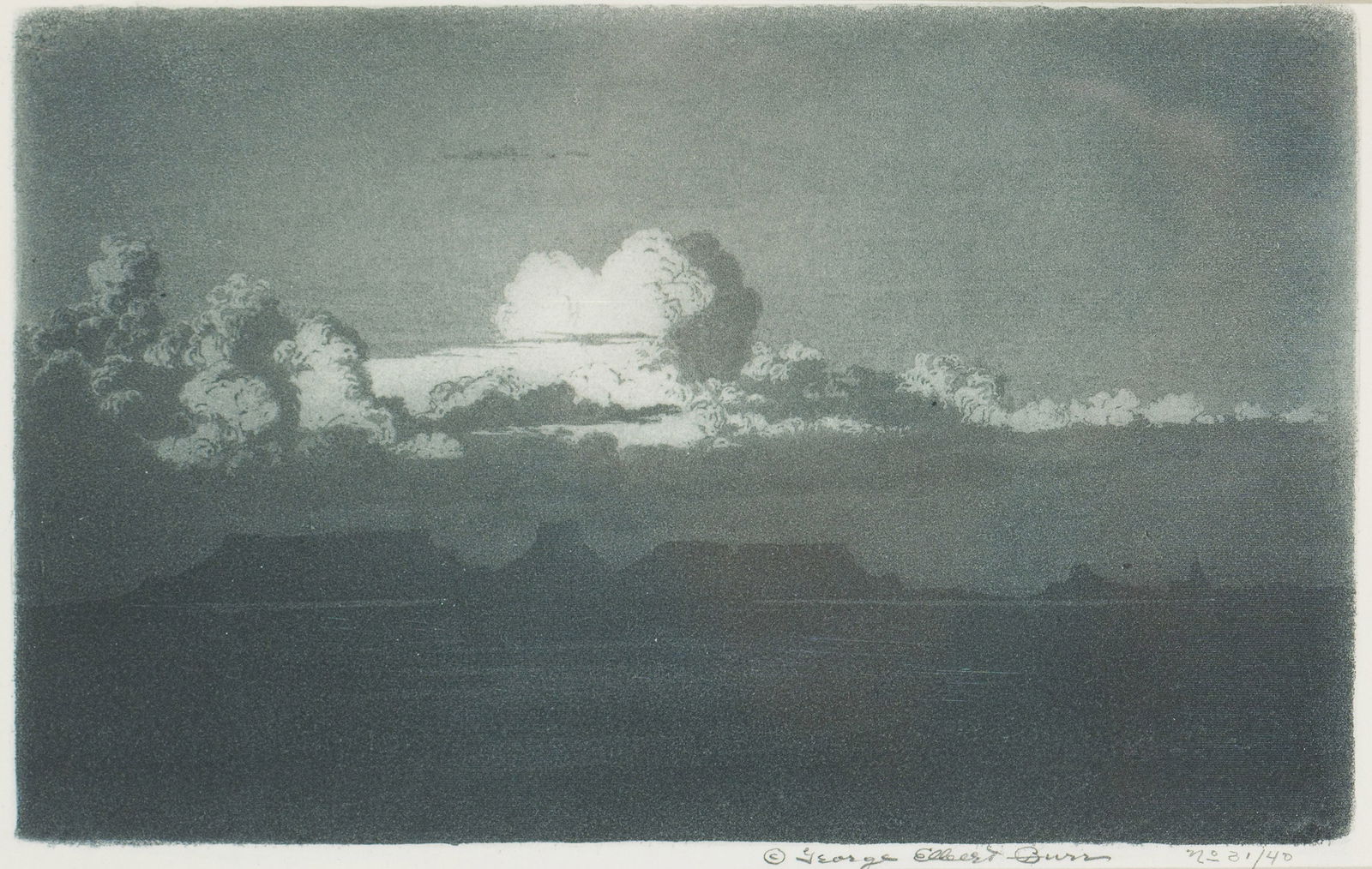 George Elbert Burr Twilight, Laguna, New Mexico [no. 2] (S. 203), c. 1920: George Elbert Burr (American, 1859-1939) Twilight, Laguna, New Mexico [no. 2] (S. 203), c. 1920 Aquatint on paper ed. 31 of 40 7 x 11.5 (in) Signed in pencil George Elbert Burr, lower left Image measu
