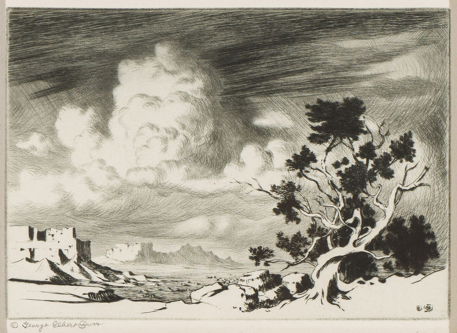 George Elbert Burr Evening, Painted Desert, Arizona (S. 269), 1924: George Elbert Burr (American, 1859-1939) Evening, Painted Desert, Arizona (S. 269), 1924 Drypoint on paper 5.25 x 7.5 (in) 12.75 x 15 x 1 (in) Framed Signed in pencil © George Elbert Burr, lower