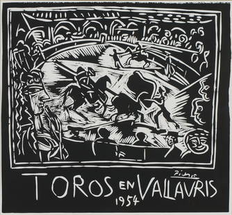 Pablo Picasso Toros en Vallauris (Bloch 1264; Baer 1027), 1954: Pablo Picasso (Spanish, French, 1881-1973) Toros en Vallauris (Bloch 1264; Baer 1027), 1954 Linocut on paper ed. of 100 32 x 29.25 (in) 45 x 47 x 2 (in) Framed Signed in red pencil Picasso, lower righ