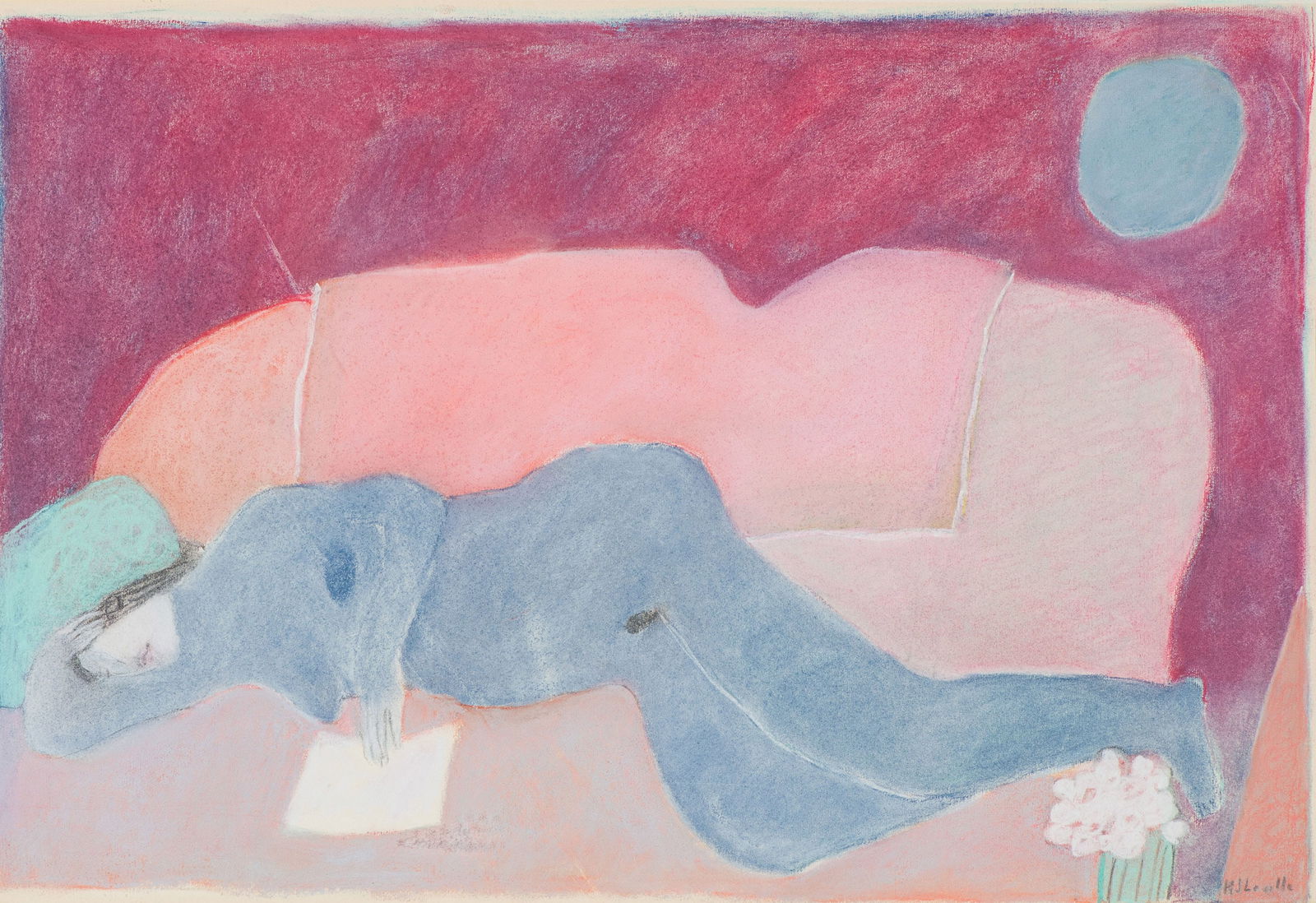Joy Laville Desnudo Azul y Sofá Rosa y Cuarto Rojo: Joy Laville (British, Mexican, 1923-2018) Desnudo Azul y Sofá Rosa y Cuarto Rojo Pastel on paper 16 x 23.75 (in) 23.75 x 31.5 x 1.5 (in) Framed Signed H J Laville, lower right Titled with artist'