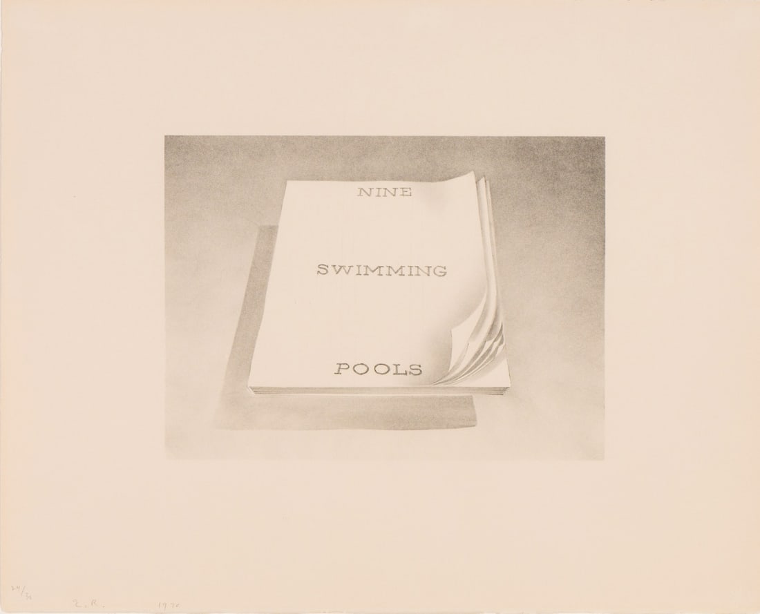 Ed Ruscha Nine Swimming Pools (Engberg 49), 1970: Ed Ruscha (American, b. 1937) Nine Swimming Pools (Engberg 49), 1970 Lithograph on Arches paper ed. 24 of 30 16 x 20 (in) 27.25 x 30.25 x 1.75 (in) Framed Initialed and dated in pencil E.R. 1970, lowe