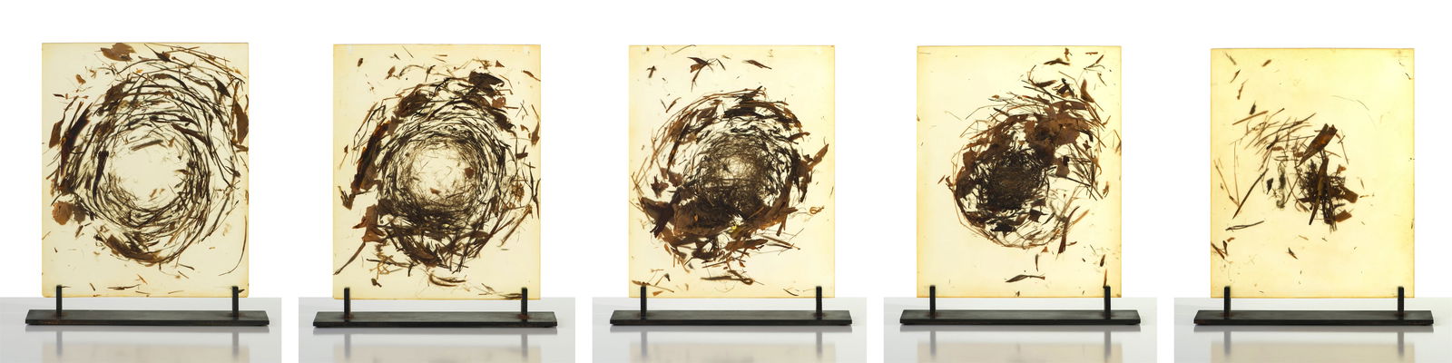 Mayme Kratz 5 Pages, 1996: Mayme Kratz (American, b. 1958) 5 Pages, 1996 Found materials in resin on steel bases 11.75 x 51.5 x 2 (in) Unsigned Each resin panel measures 10.875 x 8.875 (in) and each base measures 1.5 H x 10.25