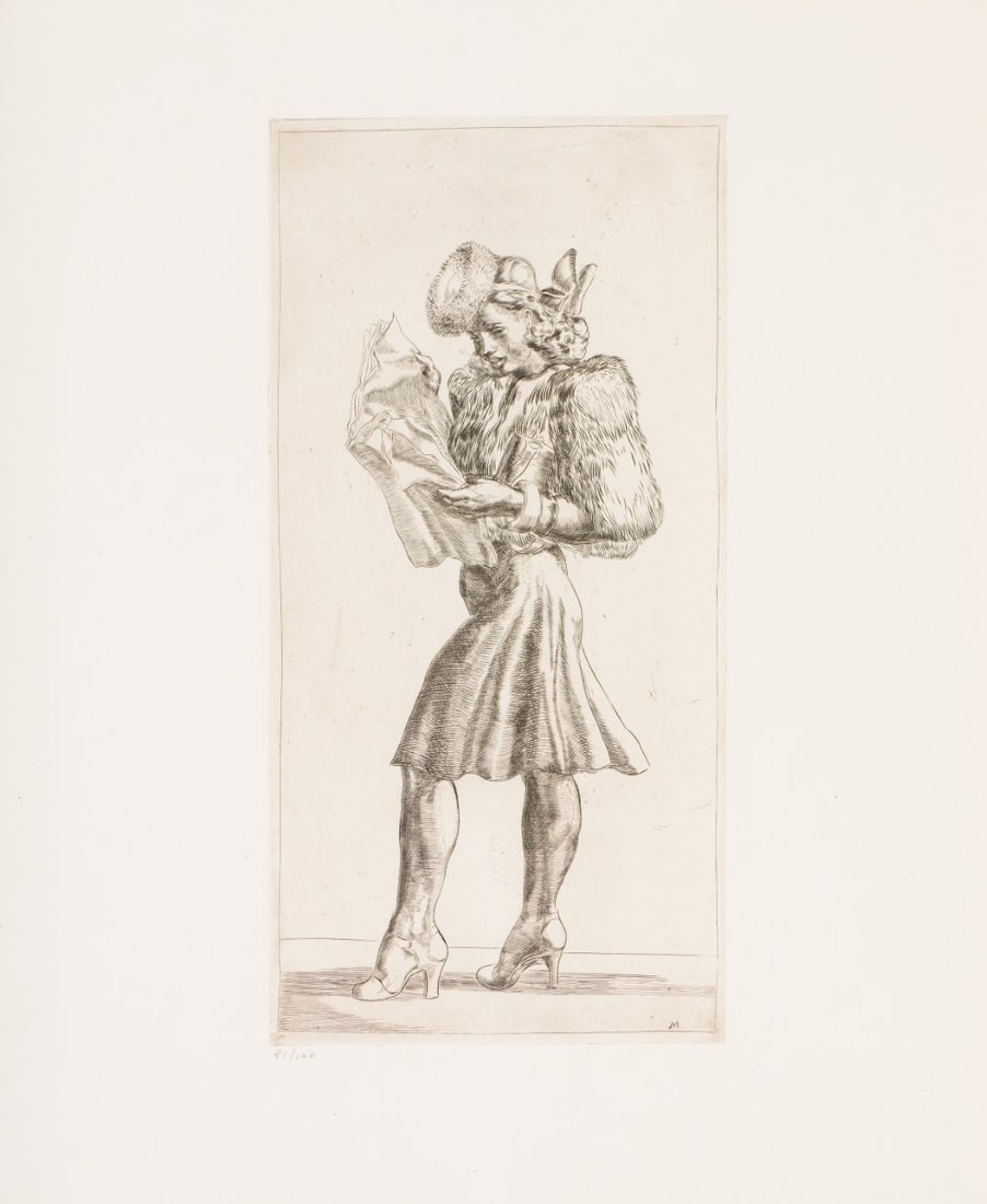 Reginald Marsh Girl in Fur Jacket Reading Tabloid (Sasowsky 205), 1940, printed 1969: Reginald Marsh (American, 1898-1954) Girl in Fur Jacket Reading Tabloid (Sasowsky 205), 1940, printed 1969 Etching on paper ed. 81 of 100 15.5 x 13 (in) Initialed in the plate M, lower right Embossed