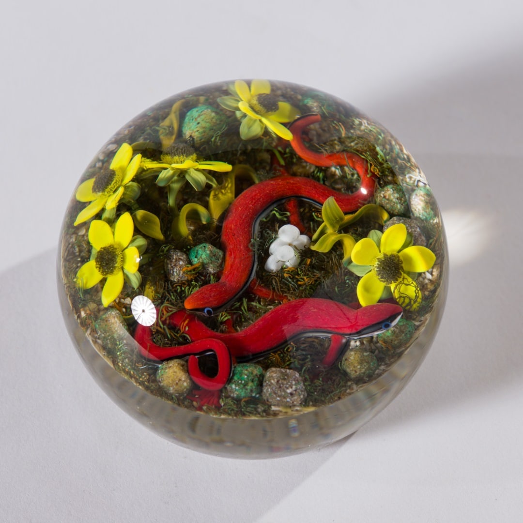 Gordon Smith Two Red Salamanders Paperweight, 2003: Gordon Smith (American, b. 1959) Two Red Salamanders Paperweight, 2003 Glass 2 x 3.25 x 3.25 (in) Incised G.S. 03-27, lower edge GS 03-27 indicates that this work was the 27th weight the artist made i