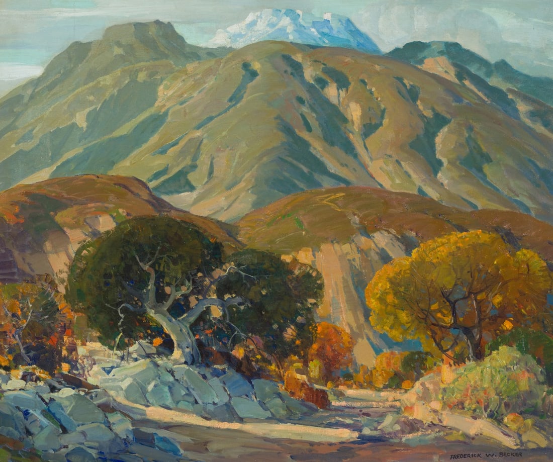 Frederick Becker California Mountains, c. 1930: Frederick Becker (American, 1913-2004) California Mountains, c. 1930 Oil on canvas 25 x 30 (in) 33 x 38 x 1.75 (in) Framed Signed Frederick W. Becker, lower right 46 written, verso.