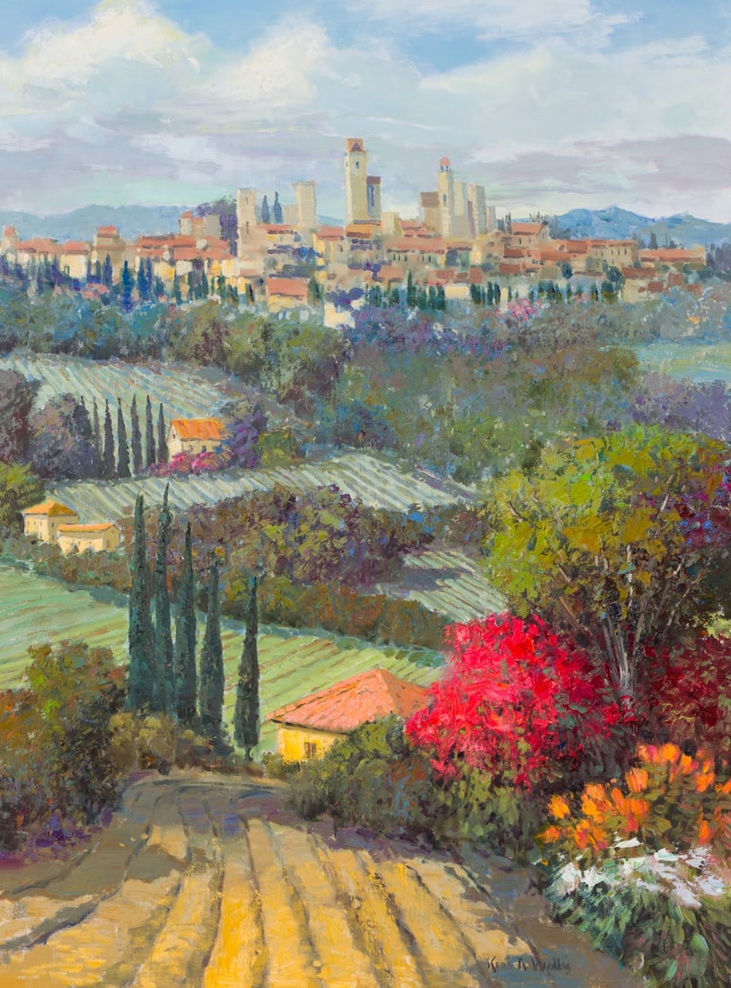 Kent R. Wallis Glorious San Gimignano, 2005: Kent R. Wallis (American, b. 1945) Glorious San Gimignano, 2005 Oil on canvas 48 x 36 (in) 58.5 x 46 x 3 (in) Framed Signed Kent R Wallis, lower right Gallery Danela at the Borgota tag, verso.