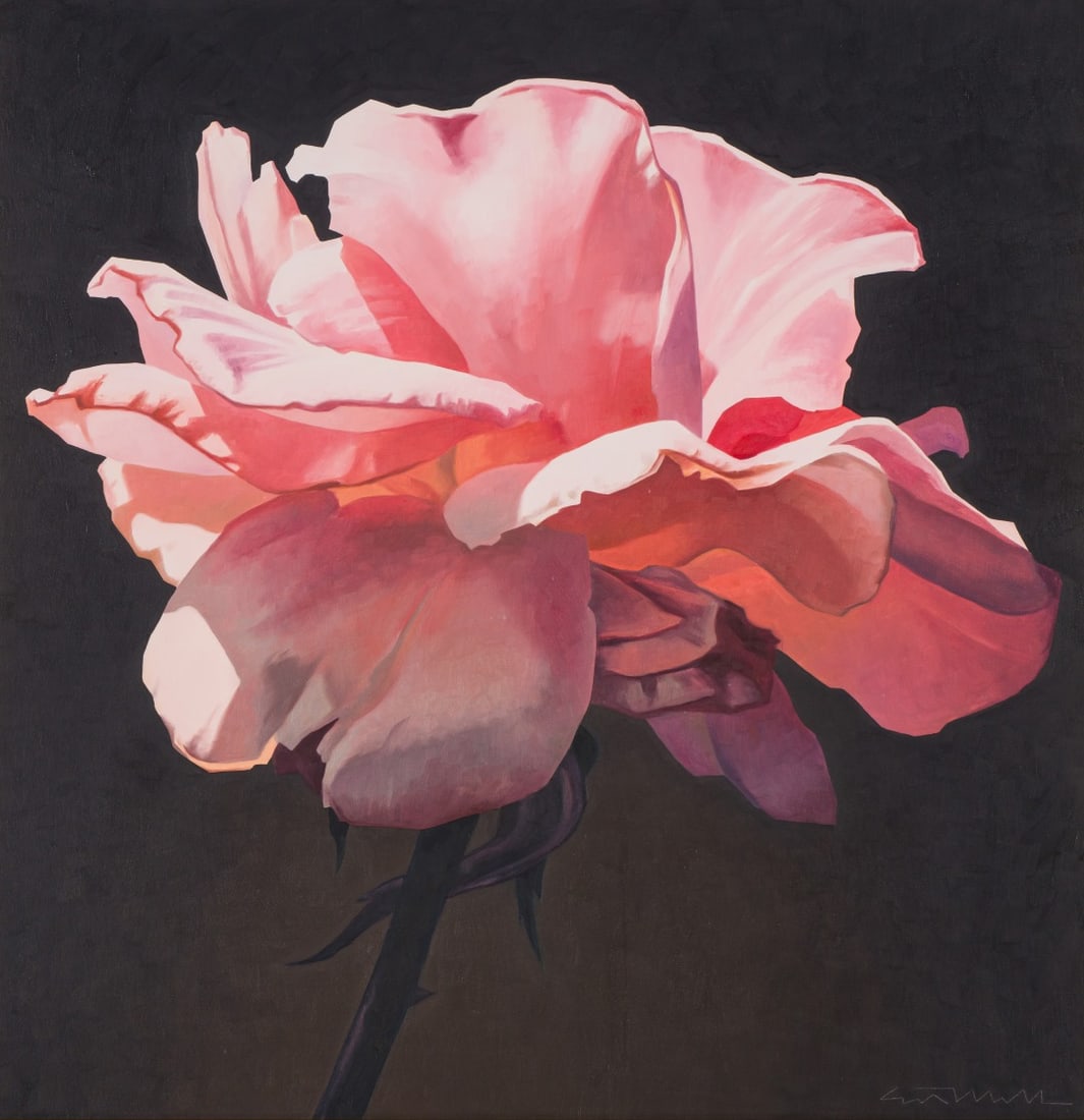 Ed Mell Pink Rose: Ed Mell (American, 1942-2024) Pink Rose Oil on canvas 30 x 30 (in) 35 x 35 x 2 (in) Framed Signed Ed Mell, lower right In original signed Ed Mell frame.
