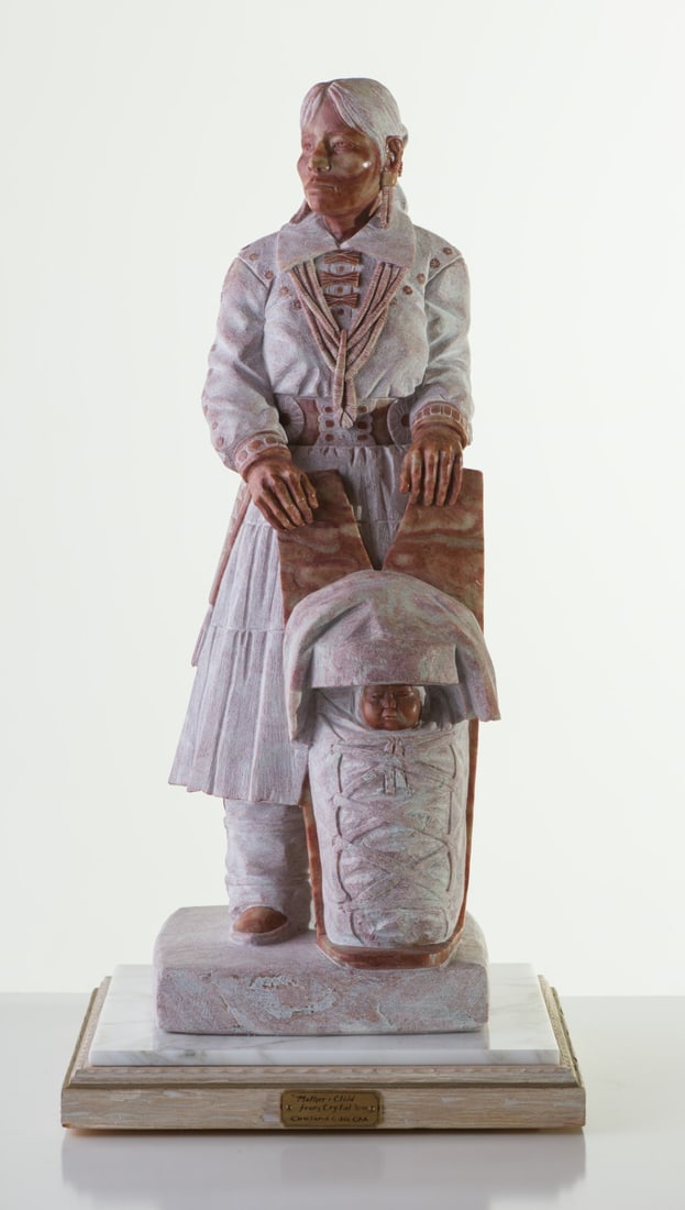 Oreland C. Joe Mother and Child from Crystal, 1994: Oreland C. Joe (American, b. 1958) Mother and Child from Crystal, 1994 Alabaster on stone plinth 28 x 13.5 x 13.5 (in) Incised [artist's symbol] Joe CA © 94, back Dimensions reflect entire sculpt