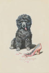 Edwin Megargee Poodle: Edwin Megargee (American, 1883-1958) Poodle Watercolor on paper 7.5 x 5.5 (in) 14.75 x 12.75 x 1.5 (in) Framed Signed Edwin Megargee ©, lower middle William Secord Gallery tag, verso. Provenance: