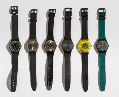 (1) Gents: Nero, (1) Glowing Arrow, (1) Gents: Lucretia, (1) Soto, (1) Technosphere, & (1) Touchdown: Gents: Nero (GB722).1991. Quartz. Plastic Case Material. Plastic Strap. Pin Buckle. Glowing Arrow (GX109). 1989. Quartz. Metal Case Material. Plastic Strap. Pin Buckle. Gents: Lucretia (GB126).