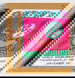 (1) Breakdance & Limited Edition Poster in Plastic Encasement: Breakdance & Limited Edition Poster in Plastic Encasement by Keith Haring for Swatch (LO002). 1985. Quartz. Plastic Case Material. Plastic Strap. Pin Buckle.