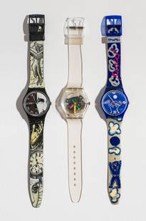 (1) GLANCE by Piero Fornasetti, (1) Jelly Piano, & (1) Artists Collection: Moonchild by Rascal: GLANCE by Piero Fornasetti (GB149). 1992. Quartz. Plastic Case Material. Plastic Strap. Pin Buckle. Watch in fair condition, apparent heat damage. Jelly Piano (GZ159). 1999. Quartz. Plastic Case