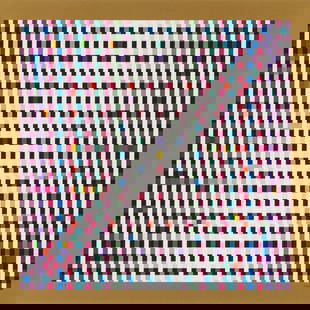 Yaacov Agam Multi Mag Rhythm (Gold), 1980: Yaacov Agam (Israeli, b. 1928) Multi Mag Rhythm (Gold), 1980 Serigraph on gold foil paper ed. 123 of 180 28.5 x 28.5 (in) 38.5 x 36.25 x 0.75 (in) Framed Signed in pencil Agam, lower right
