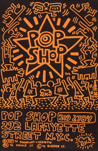 Keith Haring Pop Shop, 1985: Keith Haring (American, 1958-1990) Pop Shop, 1985 Offset lithograph on paper 33.75 x 22 (in) Signed in the plate © K. Haring, right margin This lot includes an additional two-sided Keith Haring