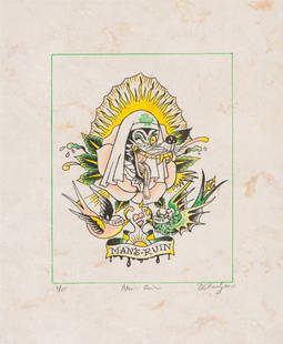 Don Ed Hardy Man's Ruin, 2016: Don Ed Hardy (American, b. 1945) Man's Ruin, 2016 Lithograph on Japon paper ed. 9 of 25 18.25 x 15 (in) 19.5 x 16.25 x 1.5 (in) Framed Signed and dated in pencil DE Hardy 2016, lower right Titled