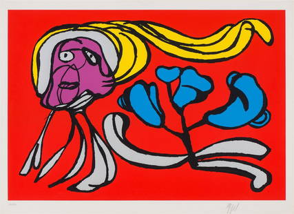 Karel Appel Floating Passion Flower (Red): Karel Appel (Dutch, 1921-2006) Floating Passion Flower (Red) Serigraph with silver foil on paper ed. 31 of 100 29 x 40.25 (in) 34 x 45 x 1 (in) Framed Signed in pencil Appel, lower right