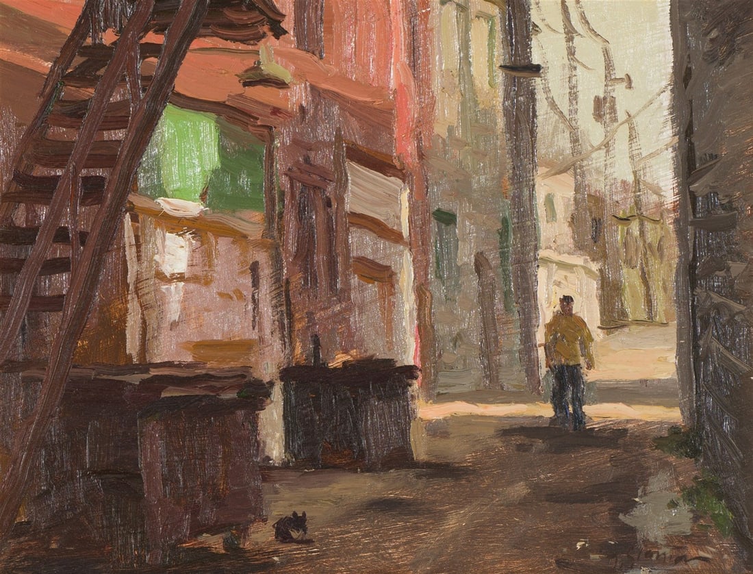 David Slonim Alley, 1999: David Slonim (American, b. 1966) Alley, 1999 Oil on board 9.25 x 12 (in) 14.25 x 17.25 x 1.75 (in) Framed Signed D Slonim, lower right Overland Gallery of Fine Art tag, verso. Provenance: Collection o