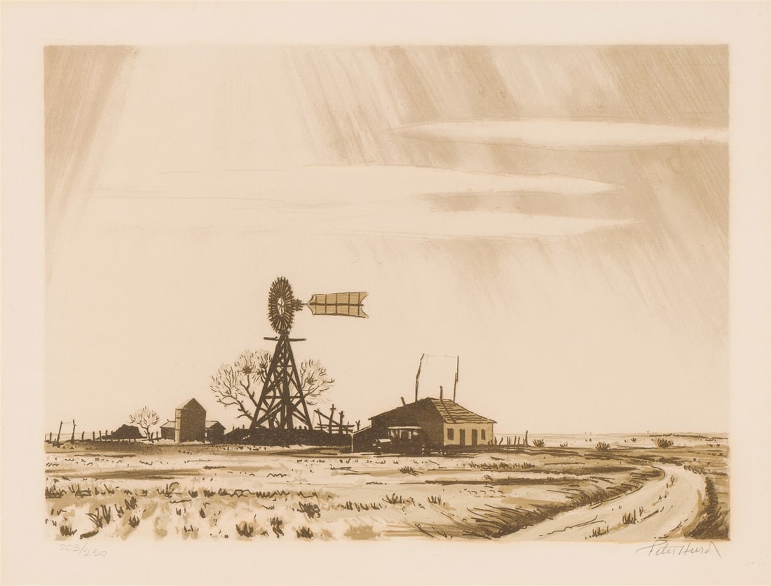 Peter Hurd Dusty Windmill, 1975: Peter Hurd (American, 1904-1984) Dusty Windmill, 1975 Lithograph on paper ed. 203 of 250 12 x 15.75 (in) 19.25 x 23.25 x 1 (in) Framed Signed in pencil Peter Hurd, lower right Image measures 10.125 x