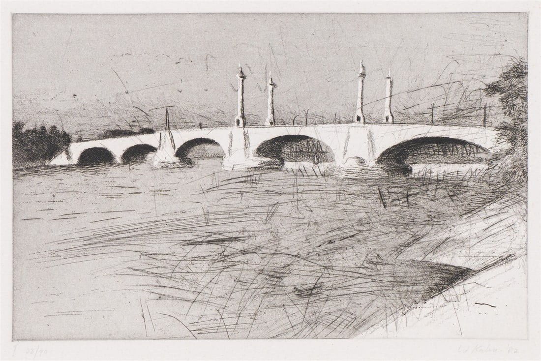 Wolf Kahn Memorial Bridge, Springfield, MA, 1982: Wolf Kahn (German, American, 1927-2020) Memorial Bridge, Springfield, MA, 1982 Etching and aquatint on white wove paper ed. 88 of 90 18 x 22 (in) Signed and dated in pencil W Kahn '82, lower right Pla