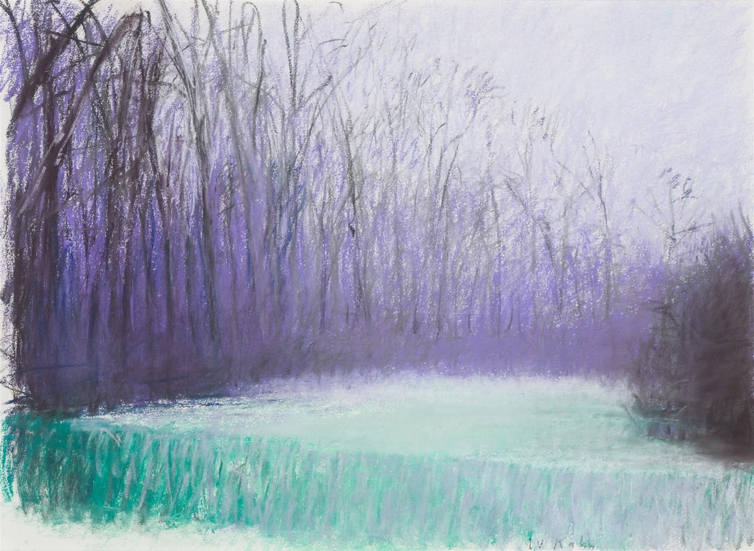Wolf Kahn Purplish Land, Greenish Water, 1986: Wolf Kahn (German, American, 1927-2020) Purplish Land, Greenish Water, 1986 Pastel on paper 20.75 x 28.75 (in) 30.25 x 37.75 x 1.5 (in) Framed Signed W Kahn, lower middle Titled and dated with artist'