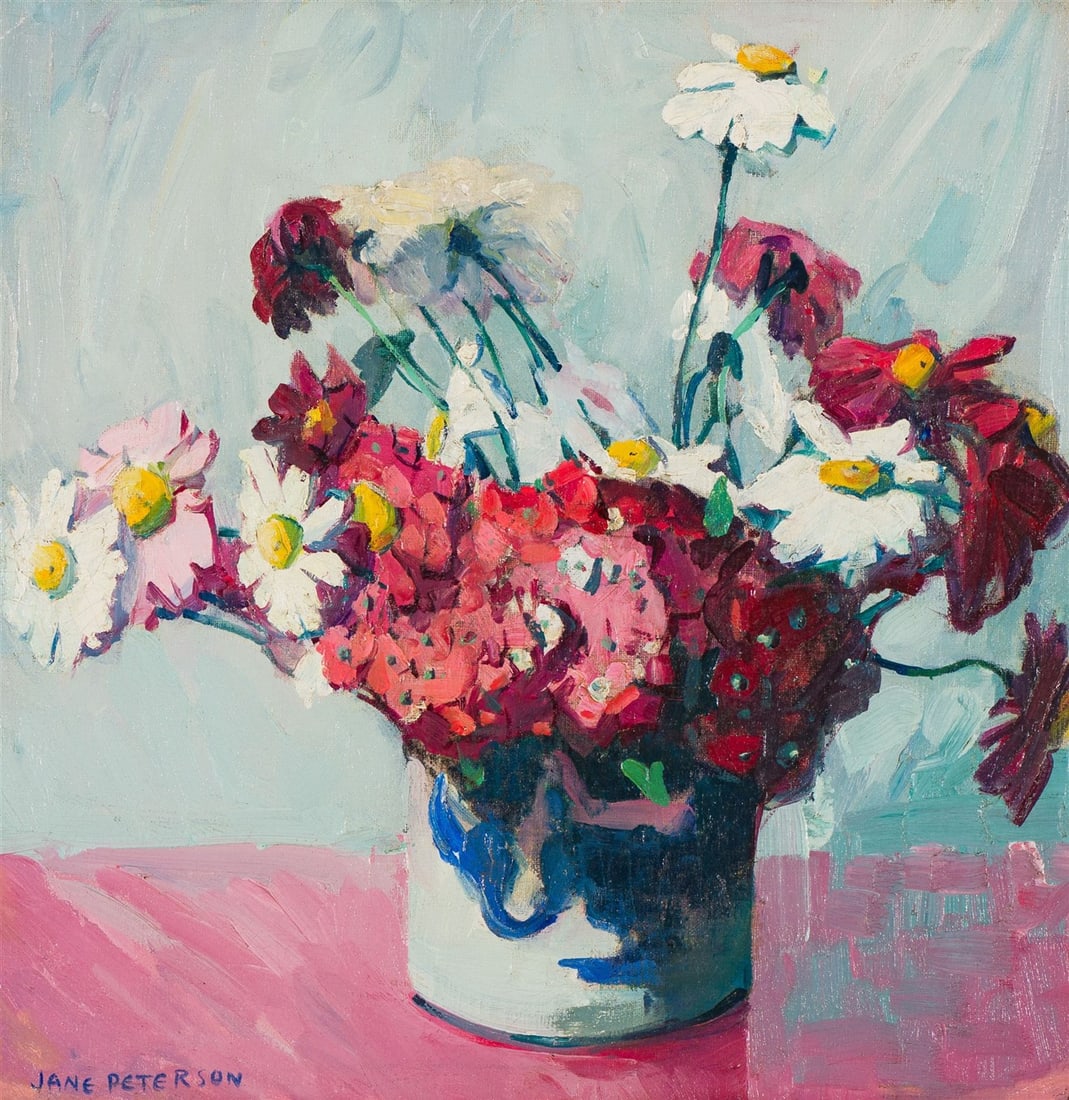Jane Peterson Sweet Williams and Daisies: Jane Peterson (American, 1876-1965) Sweet Williams and Daisies Oil on canvas 18.5 x 18.5 (in) 26 x 26 x 1.25 (in) Framed Signed Jane Peterson, lower left Titled on artist's tags, verso. Notation "Mrs.