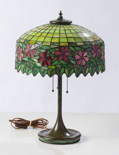 The Handel Lamp Company Handel Lamp with a period American shade by an unknown maker: The Handel Lamp Company Handel Lamp with a period American shade by an unknown maker Leaded glass and patinated bronze 24 x 16 x 16 (in) Stamped Hubbell and Handel on socket This lamp includes the tra
