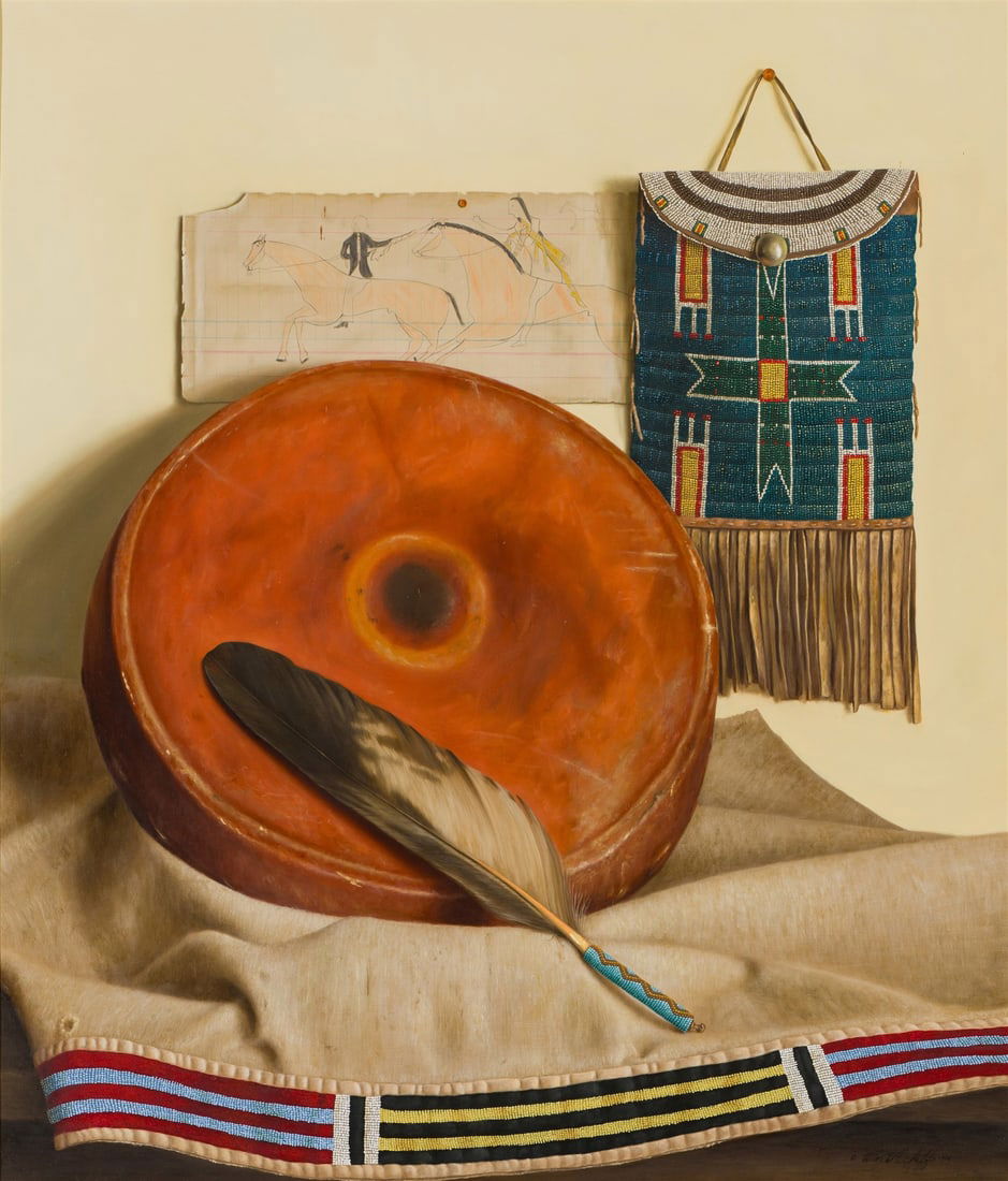 William Acheff Ghost Dance Drum, 1979: William Acheff (American, b. 1947) Ghost Dance Drum, 1979 Oil on canvas 30 x 26 (in) 39.5 x 35.25 x 2.25 (in) Framed Signed and dated William Acheff 1979, lower right Titled and signed, verso. "Ac